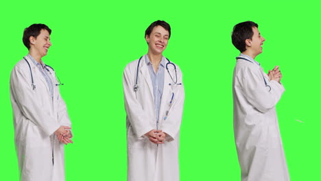 Portrait-of-general-practitioner-laughing-at-something-against-greenscreen